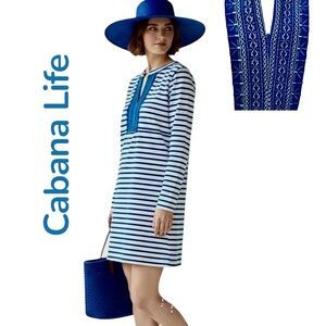 Cabana Life Cover Up Resort Dress Stripes Embrodery Long Sleeve Pullover Sz L